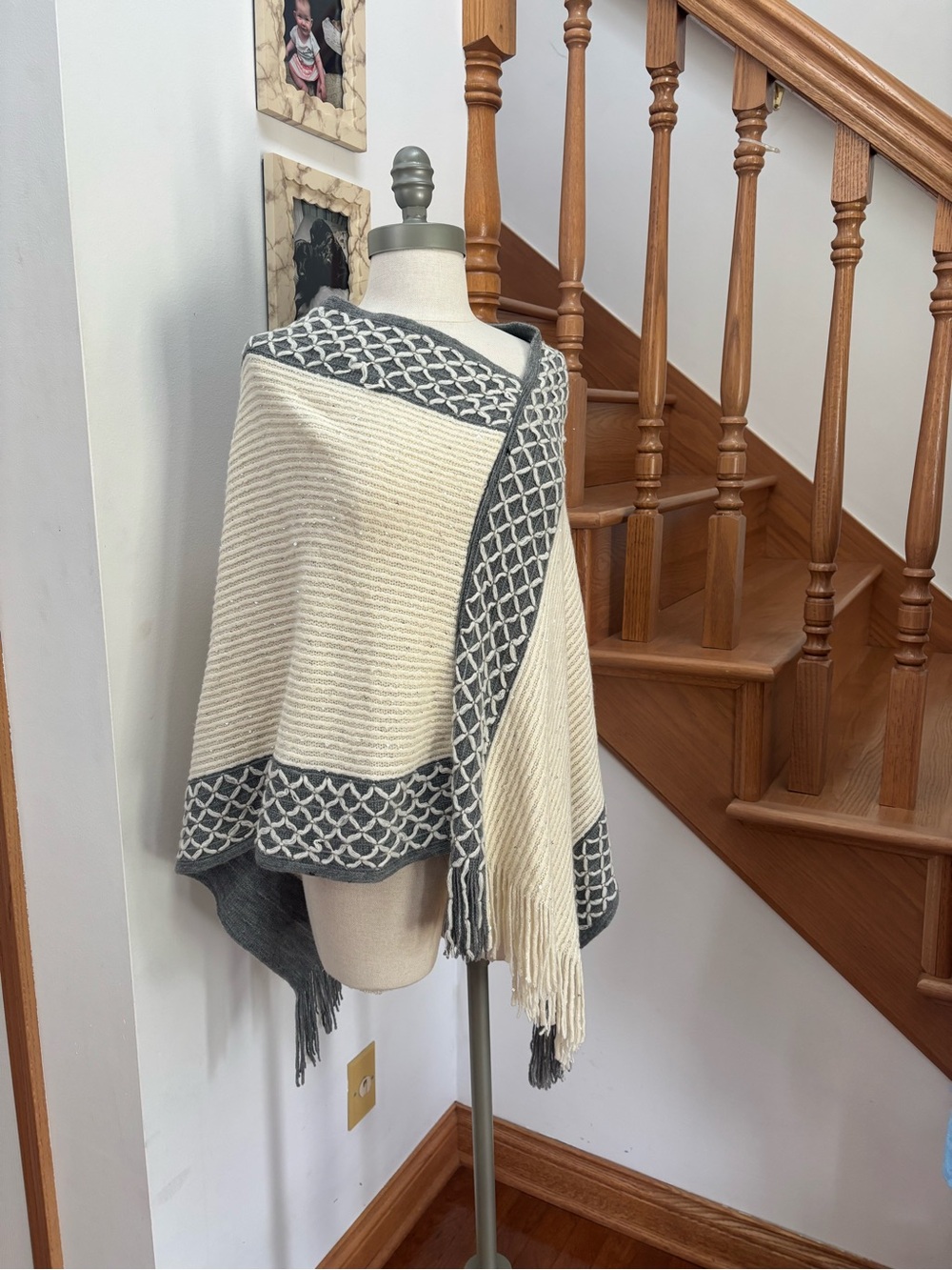 Ana and Rose Cream and Grey Knit Poncho with Sequins Details